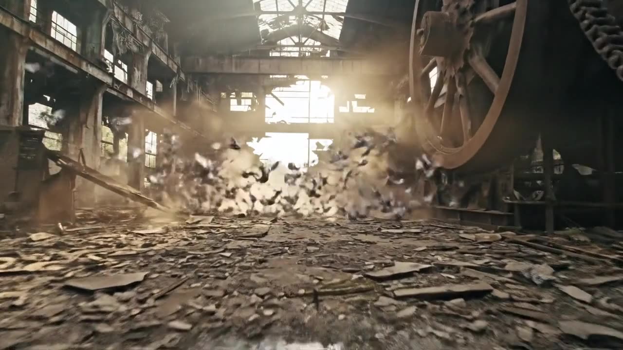 A colossal derelict train half-buried in golden desert dunes — still from Train Derelict — One Take, a Saujan Original